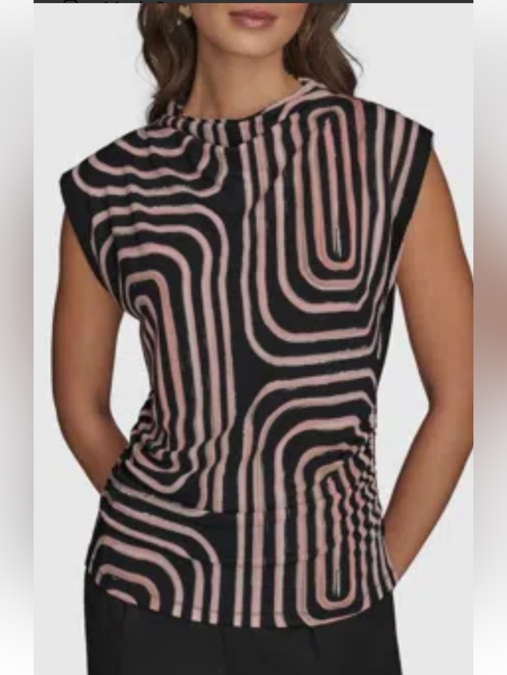 Donna Karan New York Black Mock Neck Top. Geometric Print size S